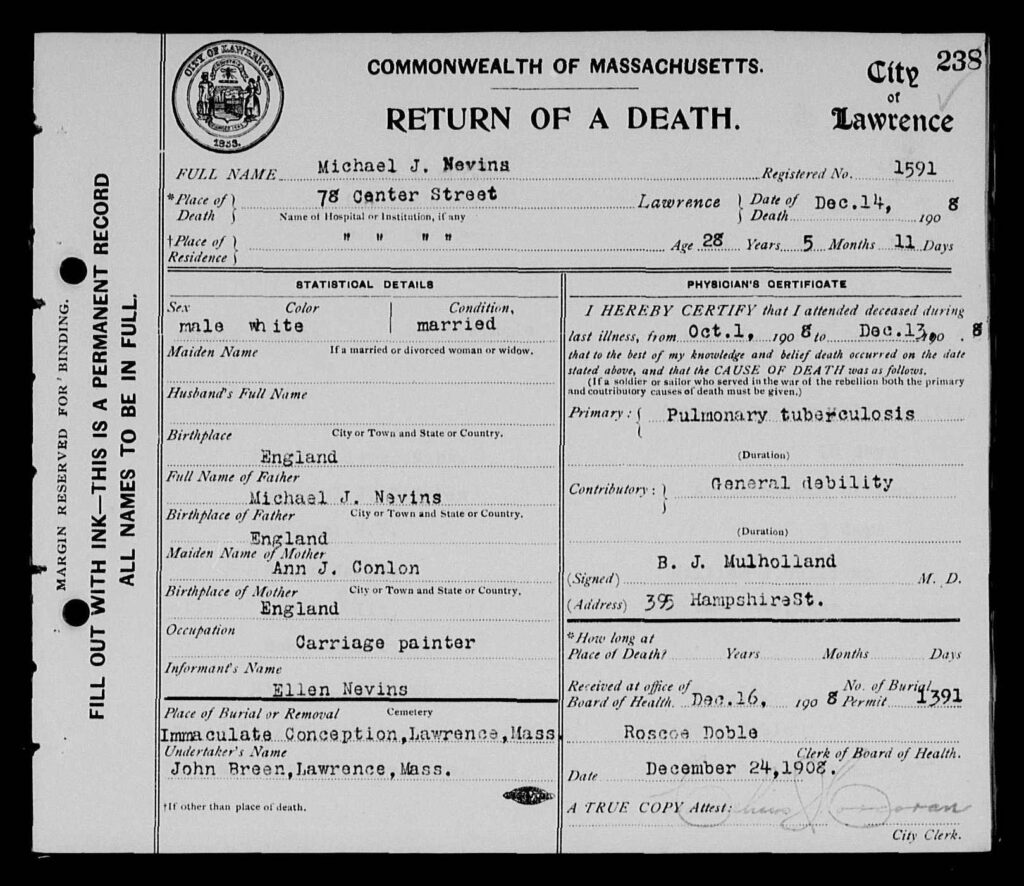 Michael Nevins Death Cert 1908